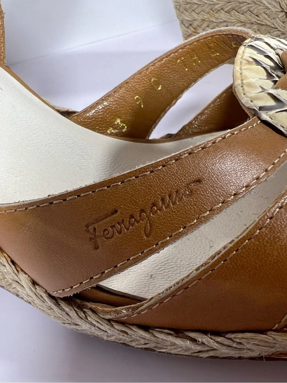 7051: Salvatore Ferragamo Python Leather Espadrille Wedges Size 9C